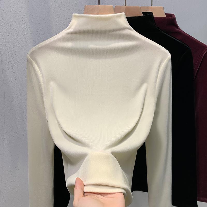 

Жіночий топ з золотого вельвету з напіввисоким коміром, новинка осені та зими 2025 року, високоякісна сорочка з довгим рукавом для носіння під низ, чорна, з темпераментом, внутрішня 3XL