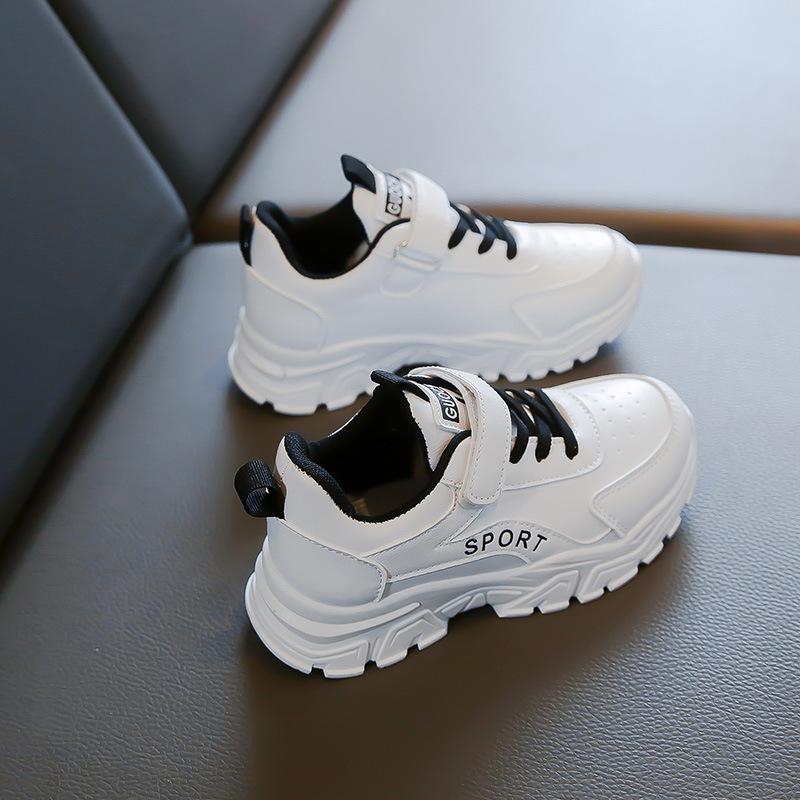 Boys and Girls Leather Surface Sneakers Casual Soft Bottom White Shoes Spring and Autumn New Children Dad Shoes