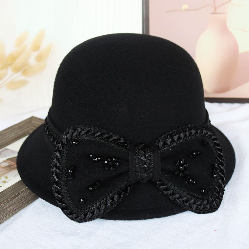 Bow Autumn and Winter Ladies Hat Wool Fashion Winter Top Hat Basin Hat Bucket Hat British Retro