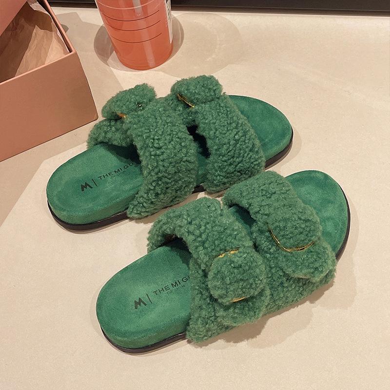 

2025 new spring and autumn flat-bottomed comfortable sheep curl fur belt buckle shoes women wear fashionable open-toed shoes women s trendy shoes 40