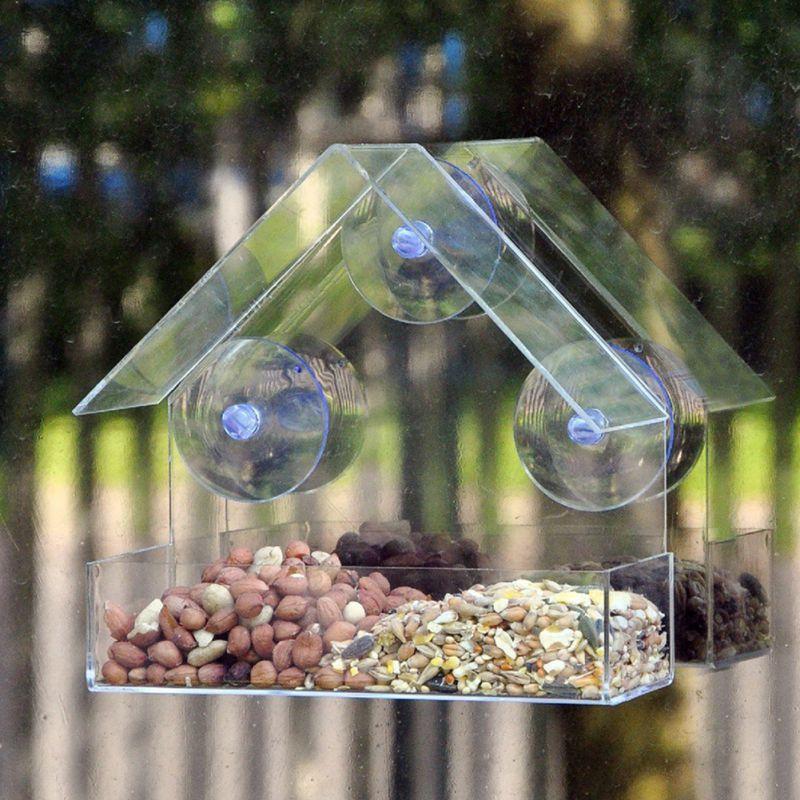 Bird Feeder Acrylic transparent Bird Food Bowl with suction cup, removable and easy to clean 6 inches x 6 inches x 2.8 inches