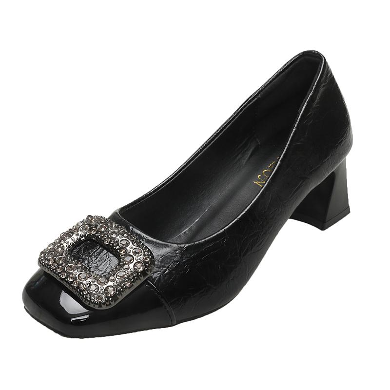 

Модные женские туфли-лодочки Стиль Банкет Женские с каблуком с бриллиантами Мелкий вырез Сплайсинг Квадратная металлическая пряжка со стразами Высокие каблуки 35 чёрный