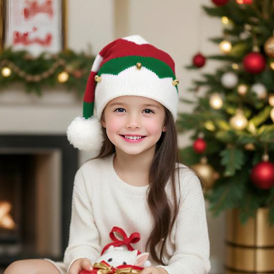 Christmas Hat with Bells Plush Ball Decor Red Green Patchwork Color Breathable Santa Claus Hat Daily Party Wear