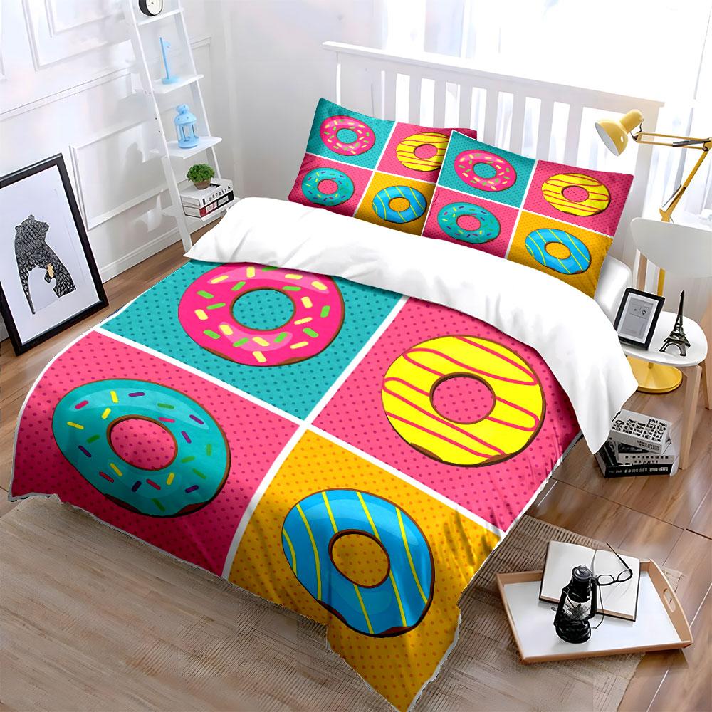 Colorful Donut Pop Art Pattern Bedding Duvet Cover Set Duvet Cover Pillowcases  (1*Duvet Cover 2*Pillowcases, Without Duvet Insert)