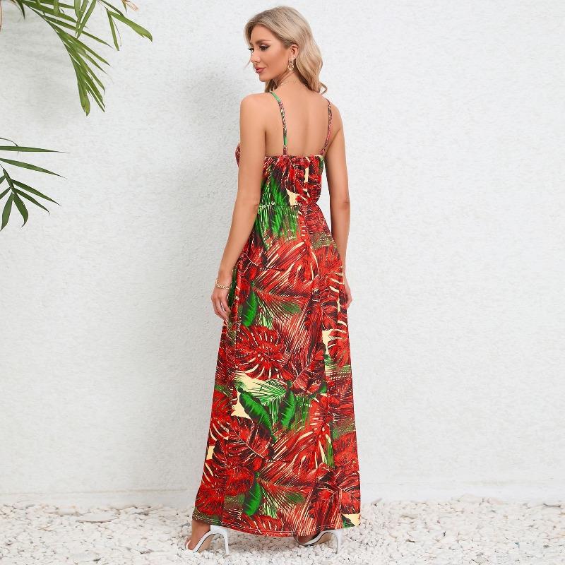 Abiti casual a vita alta con scollo a V senza maniche con stampa floreale primaverile alla moda da donna
