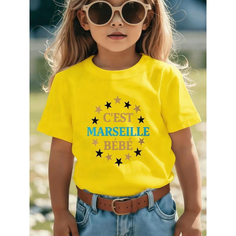 European Size Childrens Round-neck Short-sleeved T-shirt with Unique English Patterns C'EST MARSEILLE BEBE Kids