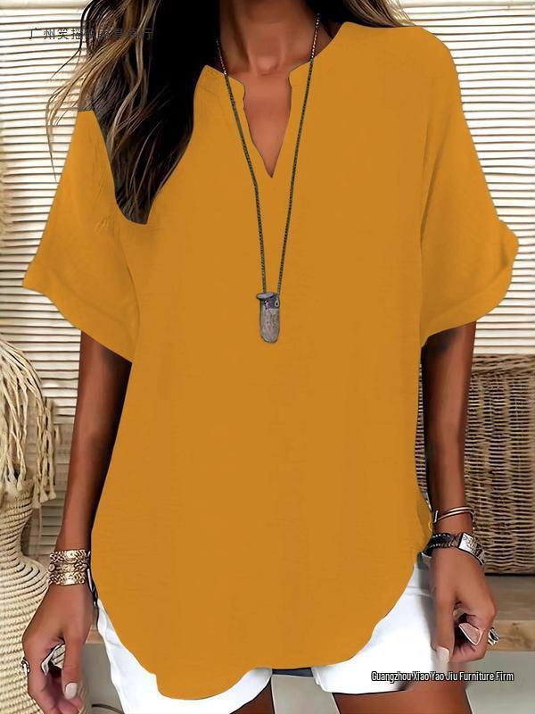 Women's Summer Loose Solid V-Neck Casual Shirt