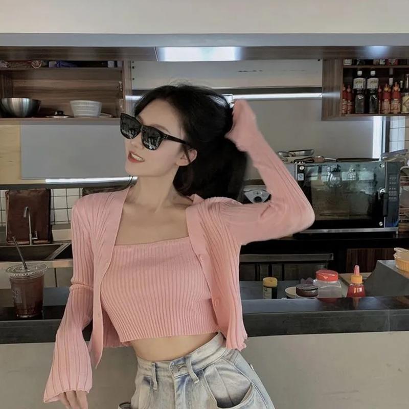 Set două piese în stil coreean pentru femei, toamnă, culoare caramelă, cu mânecă lungă, tricotat cu nervuri, pulover decupat și vestă asortată