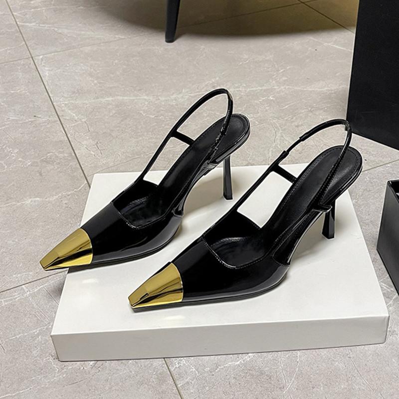 

Модный стиль звезды Лакированная кожа Женские туфли-лодочки Модный металлический квадратный носок Высокие каблуки Туфли для офисной леди Весна Лето Слингбэк Женская обувь 40