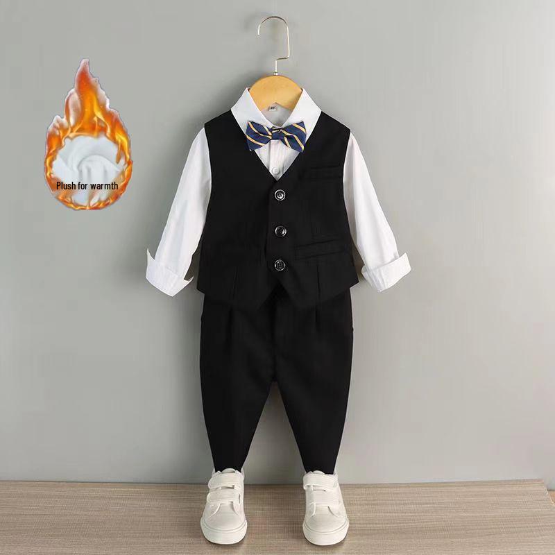 Boy's Formal Ensemble: Fleece White Shirt, Black Suit Pants, Vest, Page Boy Overalls, Performance Costume