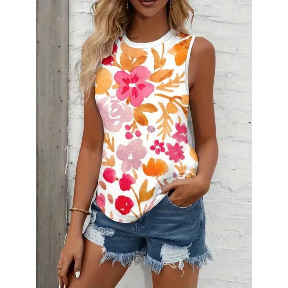 Summer flower 3D printed vest for women's casual O-neck