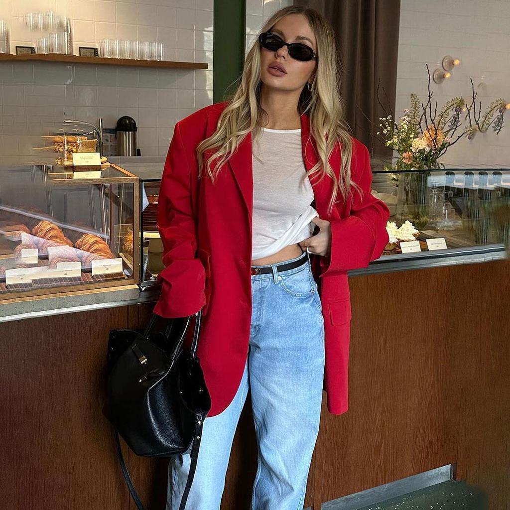 Women's Autumn Winter Solid Color Long Sleeve Casual Button Temperament Commuter Blazer Suit