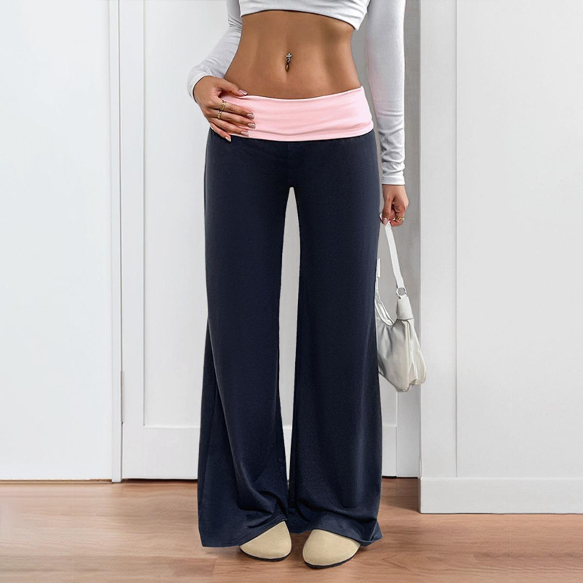 

Summer New European American Style Low Waist Color Block Casual Sports Wide Leg Pants XS темно-синий