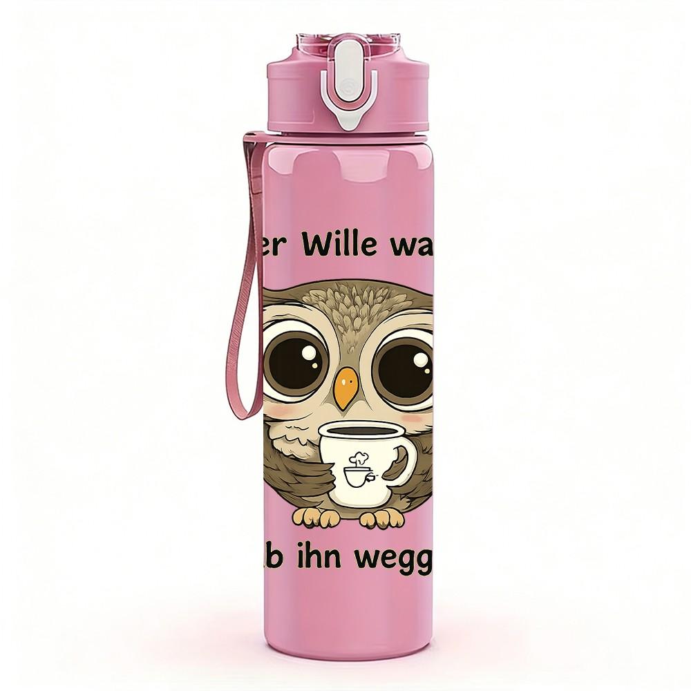 1PC German Text Owl Cartoon Print 750ml Color Plastic Sports Water Bottle Leakproof Flip Straw Lid Suitable for Sports Office Home Use
