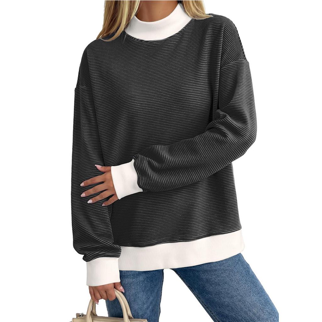 Women's Fashion Casual Striped Long Sleeve Neck Loose Fit Pullover Sweatshirt
