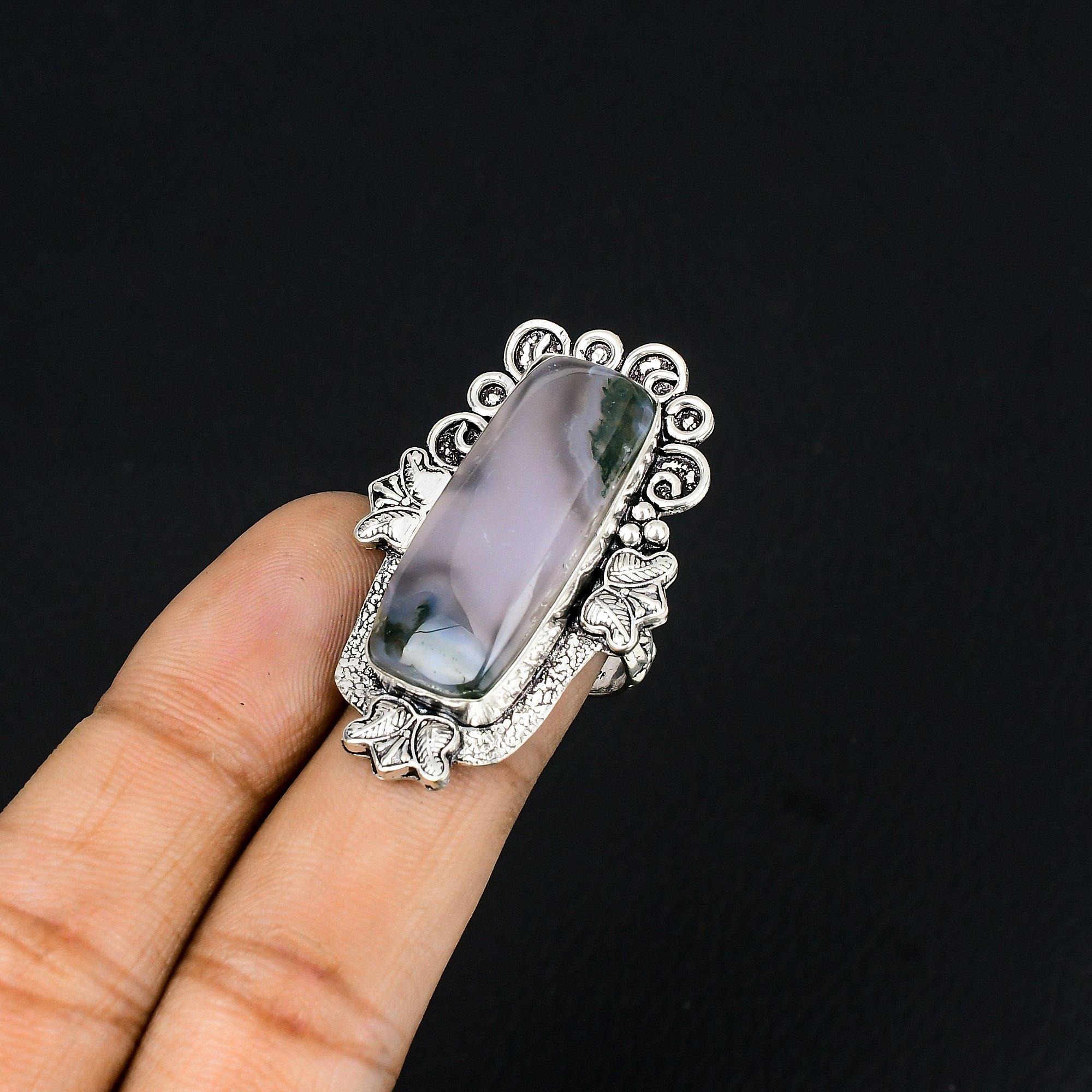 

Natural Solar Moss Agate Gemstone Stackable Green Ring Size 6.5 925 Silver 6.5