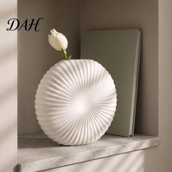 Modern Entrance Table Decor Oblate Circular Radial Texture Decorative Vase, Floral Container for Living Room Entryway, Dining Flower Vessel