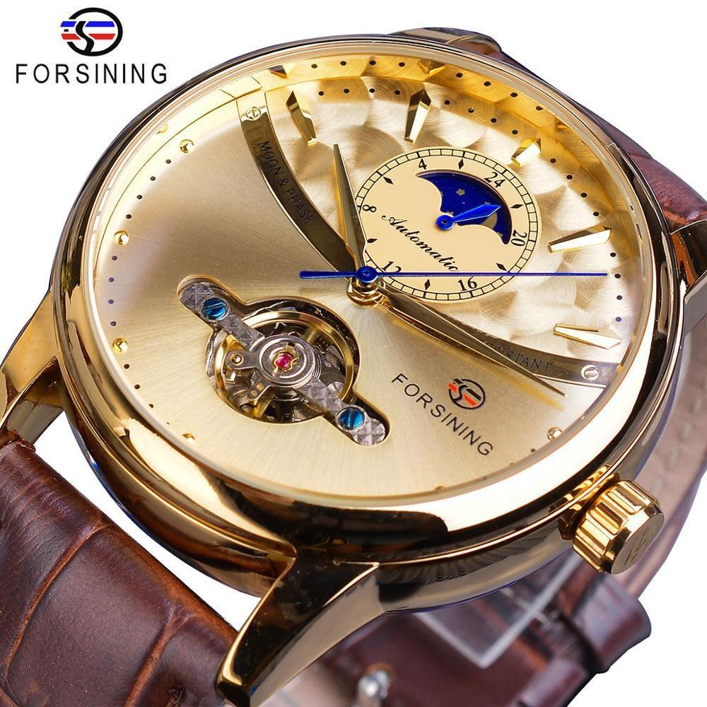 Forsining Luxury Automatic Mechanical Watches Mens Sun Moon Phase Tourbillon Watch Waterproof Men Wristwatch