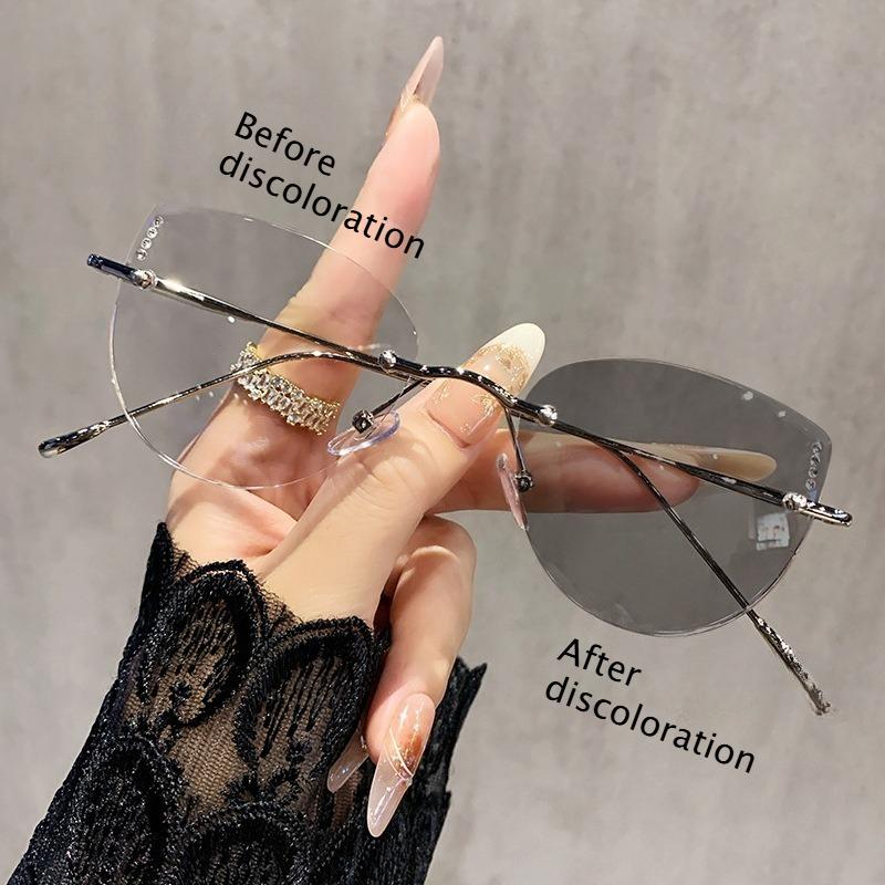 Ultralight Myopia Glasses Women's Frameless Color Change Sun Glasses Fashion Cat Glasses Frame Glasses