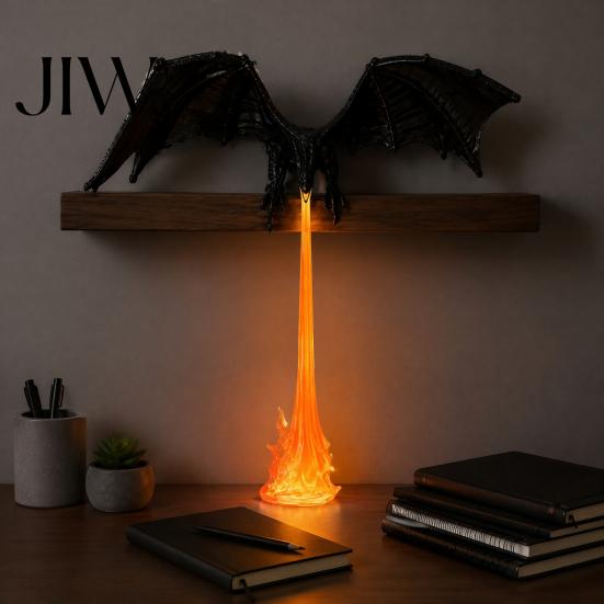 Mythical Creature Statue Dragon Bookshelf Nook Light with LED Flame Effect, Fantasy Shelf Decor, Wooden Clamp Flying Display Ornament for Study