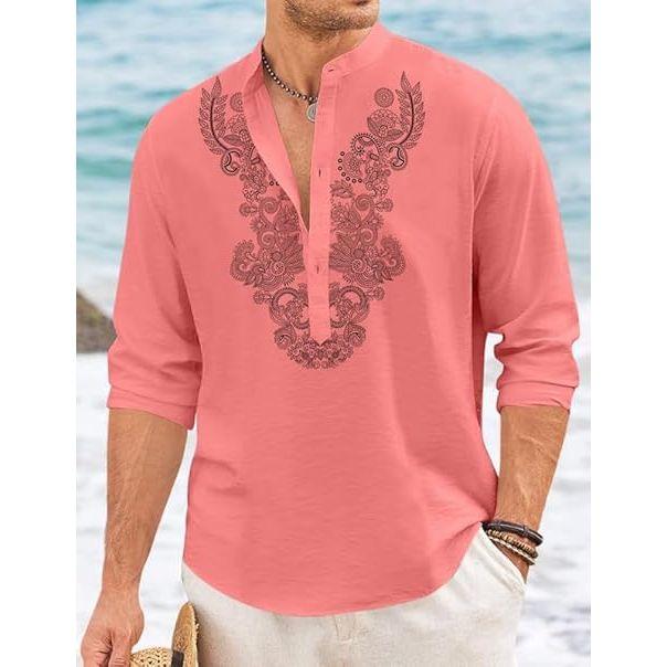 Męska bawełniana krótka kurta z długim rękawem i etnicznym dekoltem | Casualowa kurta o pogniecionej fakturze ze stójką