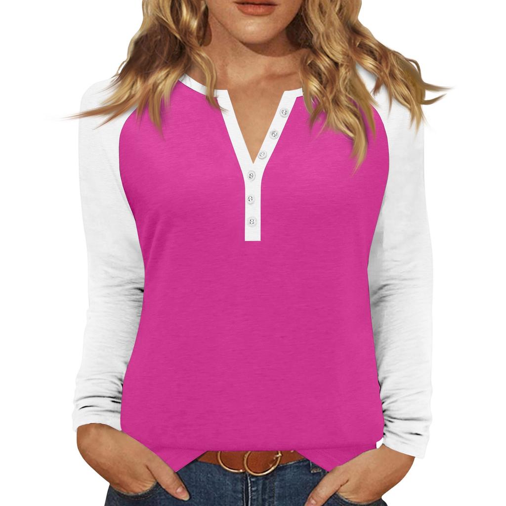 Women's T Shirt Color Block Button Long Sleeve Daily Weekend Fashion Basic V- Neck Regular Top