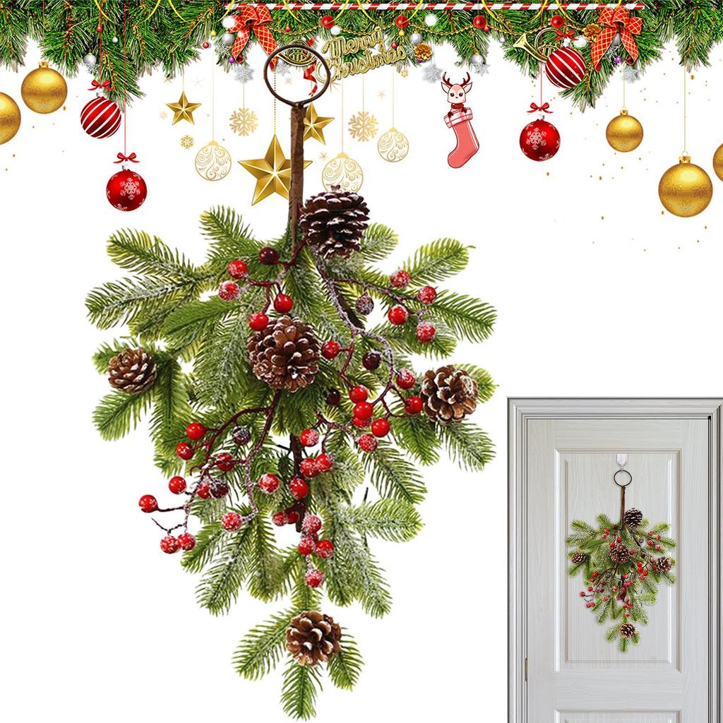 Christmas Wreath Teardrop Berry Pine Cones Swag Decor Artificial Holiday Garland for Holiday Indoor Fireplace Mantle Porch