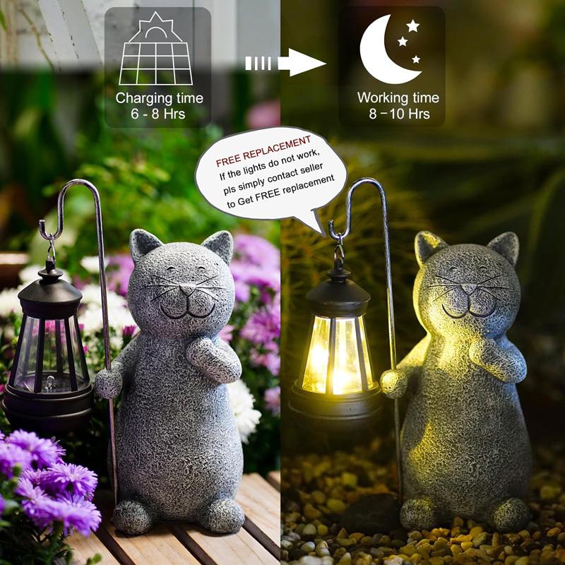 Solar-Katzen-Gartenstatue mit Laterne, wasserdichtes Harz, niedliche Kätzchenfigur, Außenhof-Kunst, dekorativer Weg, Landschafts-Nachtlicht-Ornament