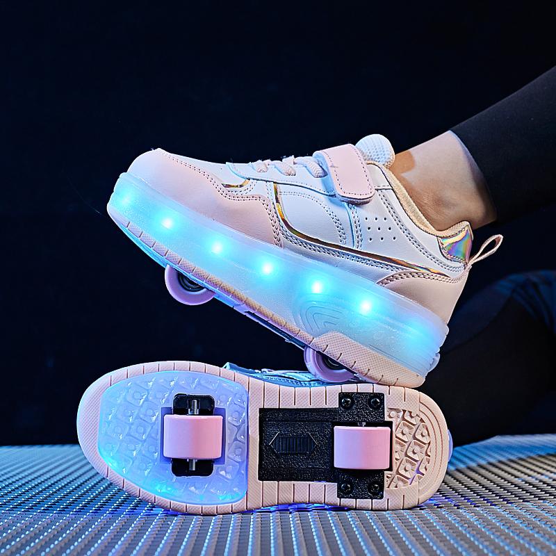 28-38 Children's Plus Size Two Wheels Disassembled Into Flat Sports Shoes LED Illuminated Sports Shoes Children's Shoes Board Shoes
