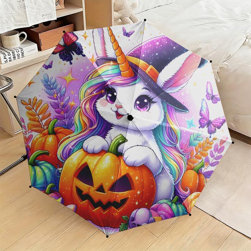 1pc Purple Unicorn Umbrella Portable Folding Umbrella Iron Frame Hole Bone Structure Outdoor Home Umbrella