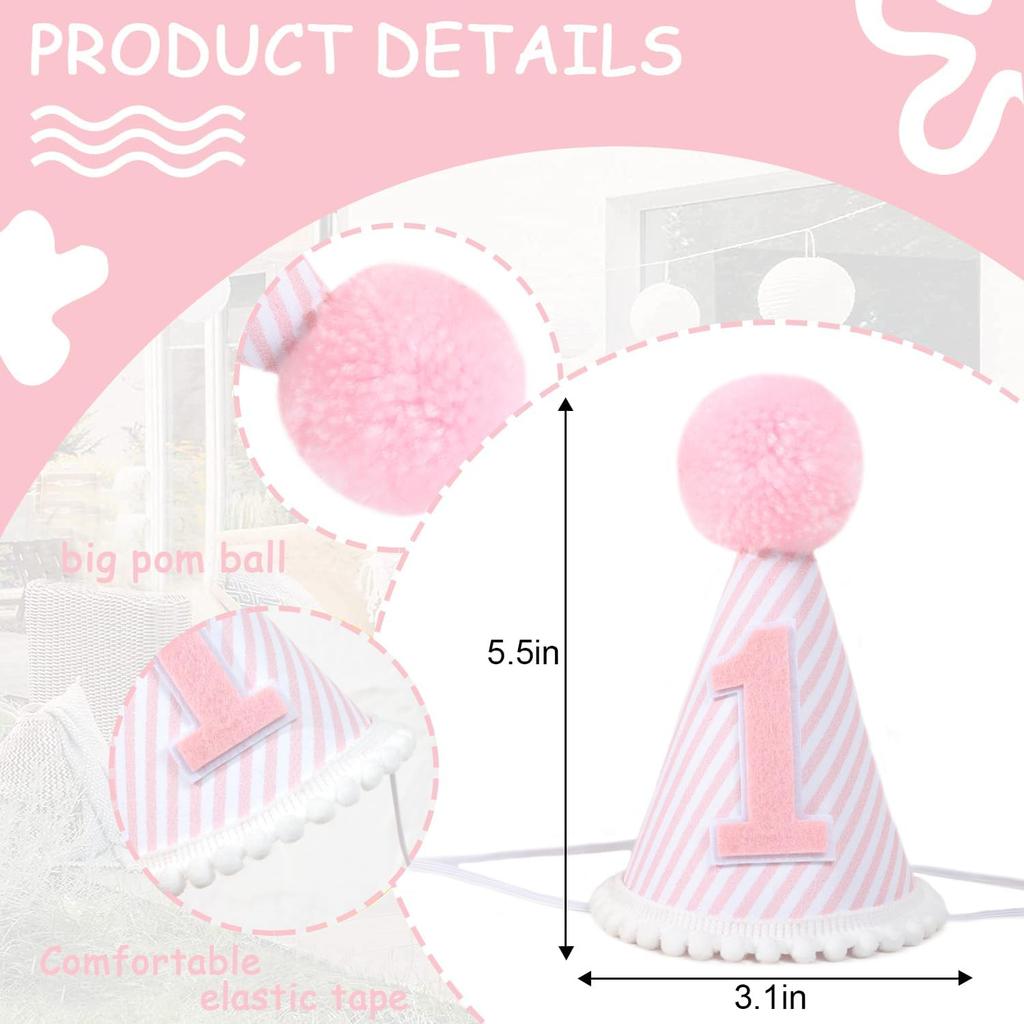 Pink & White First Birthday Party Hat - Girl's 1st Birthday Crown with Photo Props for Decorations and Dressing