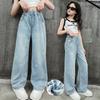 Girls Wide Leg Pants Spring/Summer/Autumn New Style Cute Girls Embroidery Denim Jeans Straight Leg Pants Casual Trousers