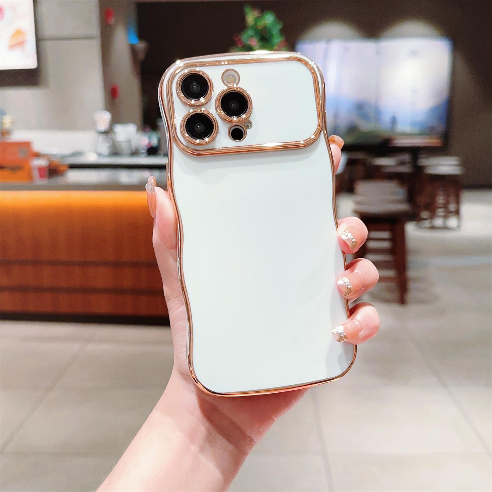 

For iPhone 15 Pro Case Curly Wave Frame Shape Electroplating TPU Back Cover Ivory White