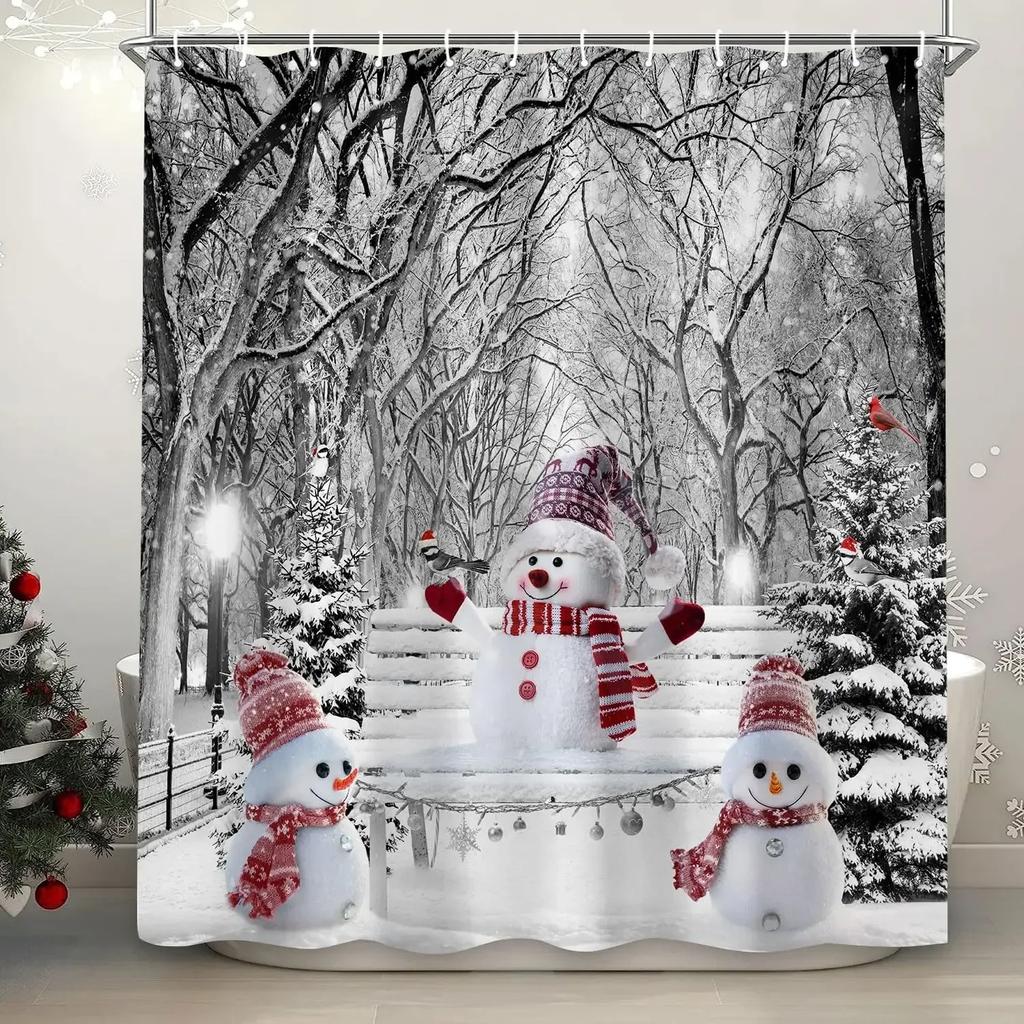 Theme Shower Truck Christmas Tree Gift Deer Red Bird Pinecone Snow Scene Baths Curtain Bathroom DecorXT6