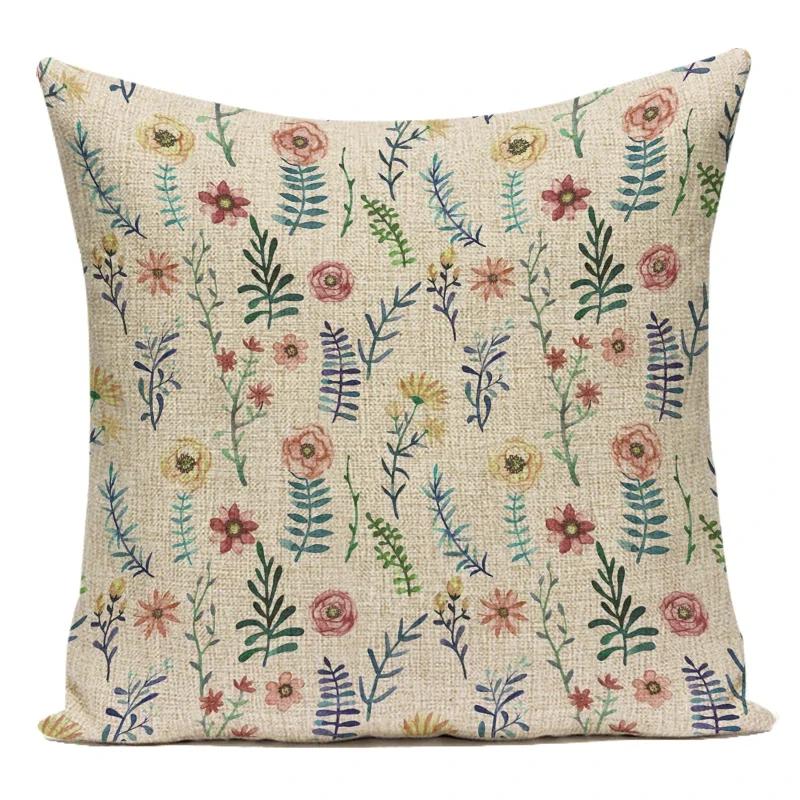 Decorative Throw Pillows Case Linen Sofa Home Decor Pillowcase Pink Flower Plant Leaf Cushion Cover For Living Room
