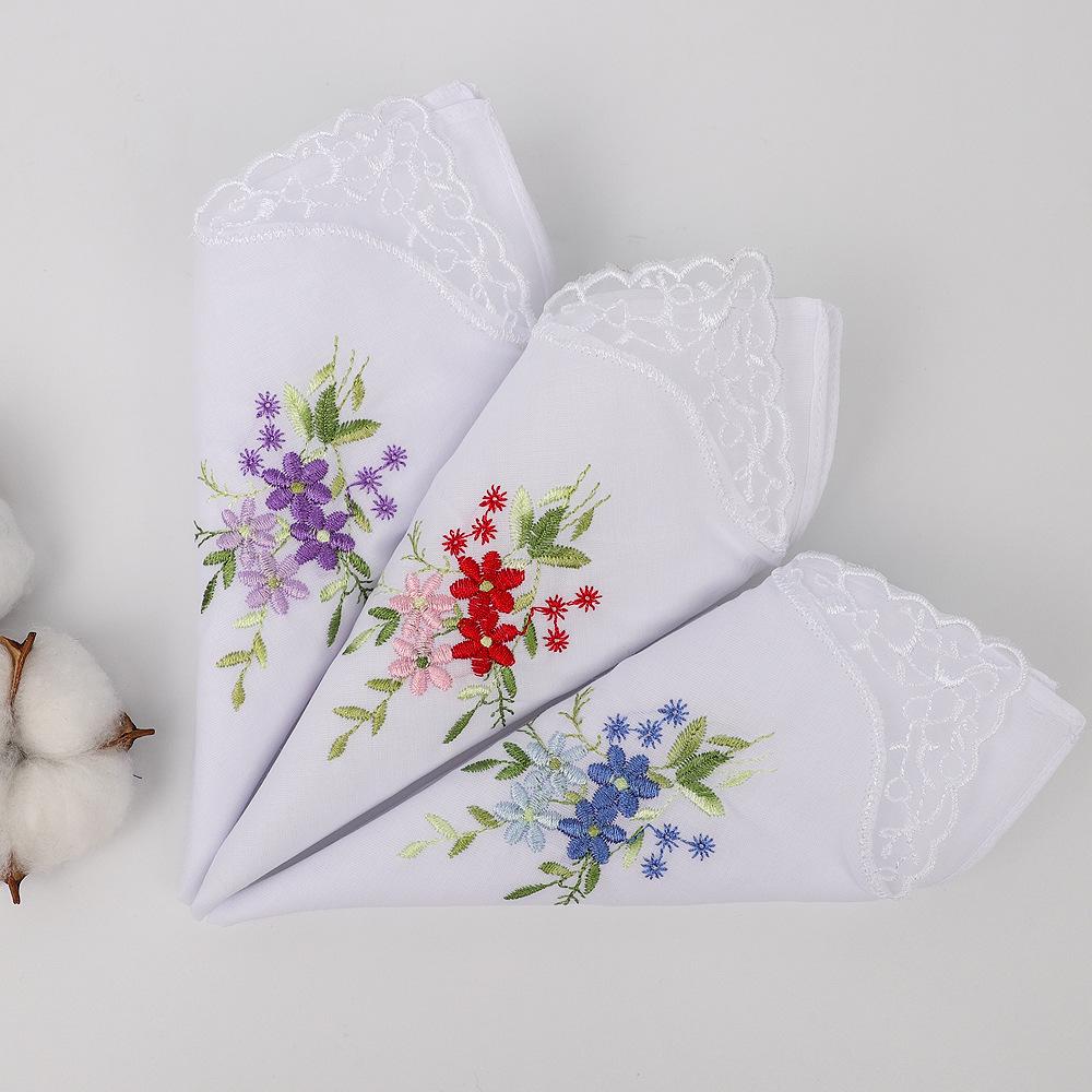 6-Piece Embroidered Pure Cotton Ladies' Handkerchiefs with Lace and Floral Design
