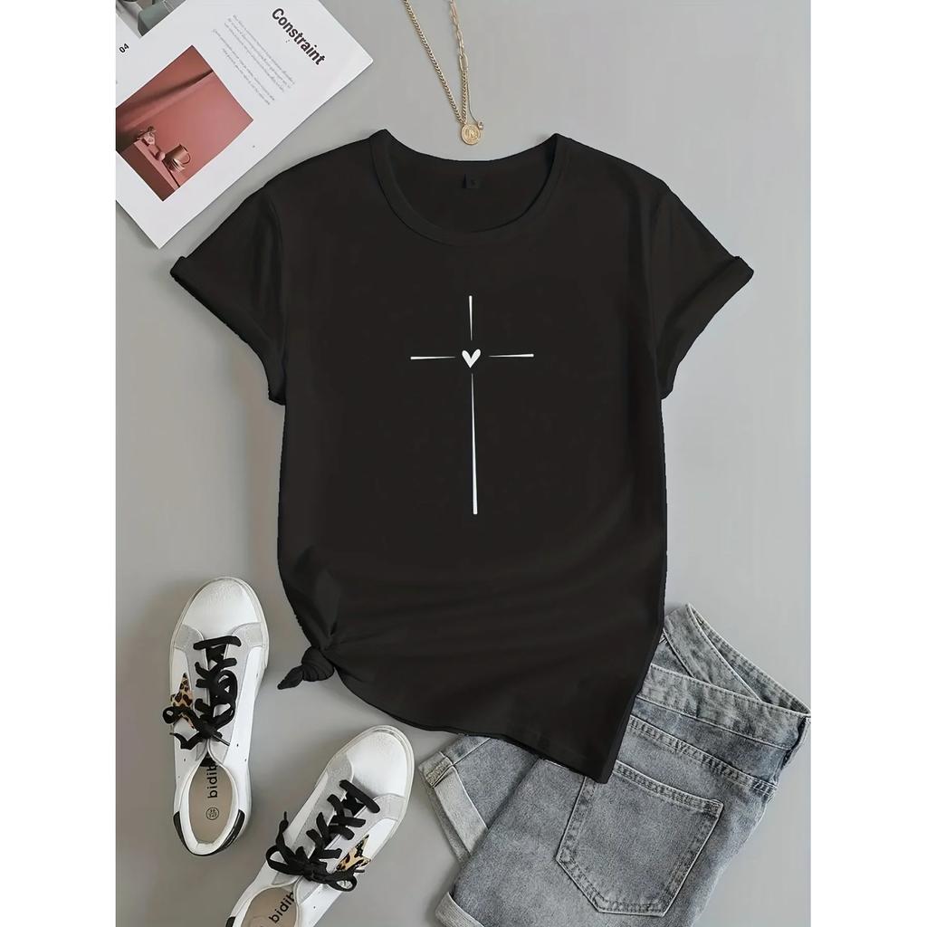 Womens Trendy Cross Print T-shirt - Soft Crew Neck, Short Sleeve, Fashionable for Spring & Summer Attire