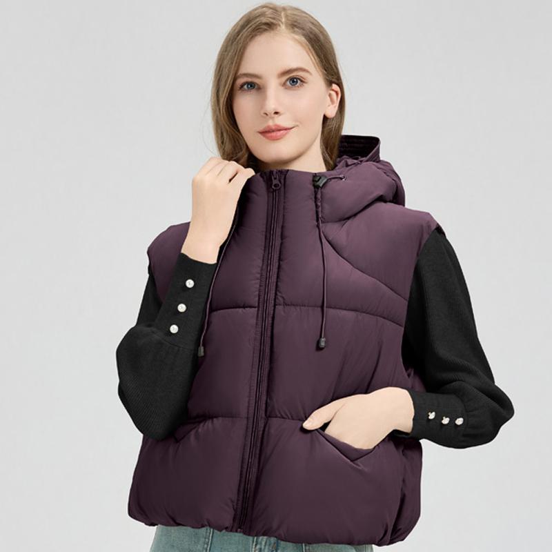 

Модные зимние женские жилеты с капюшоном, толстые теплые безрукавки, женская свободная короткая верхняя одежда L фиолетовый