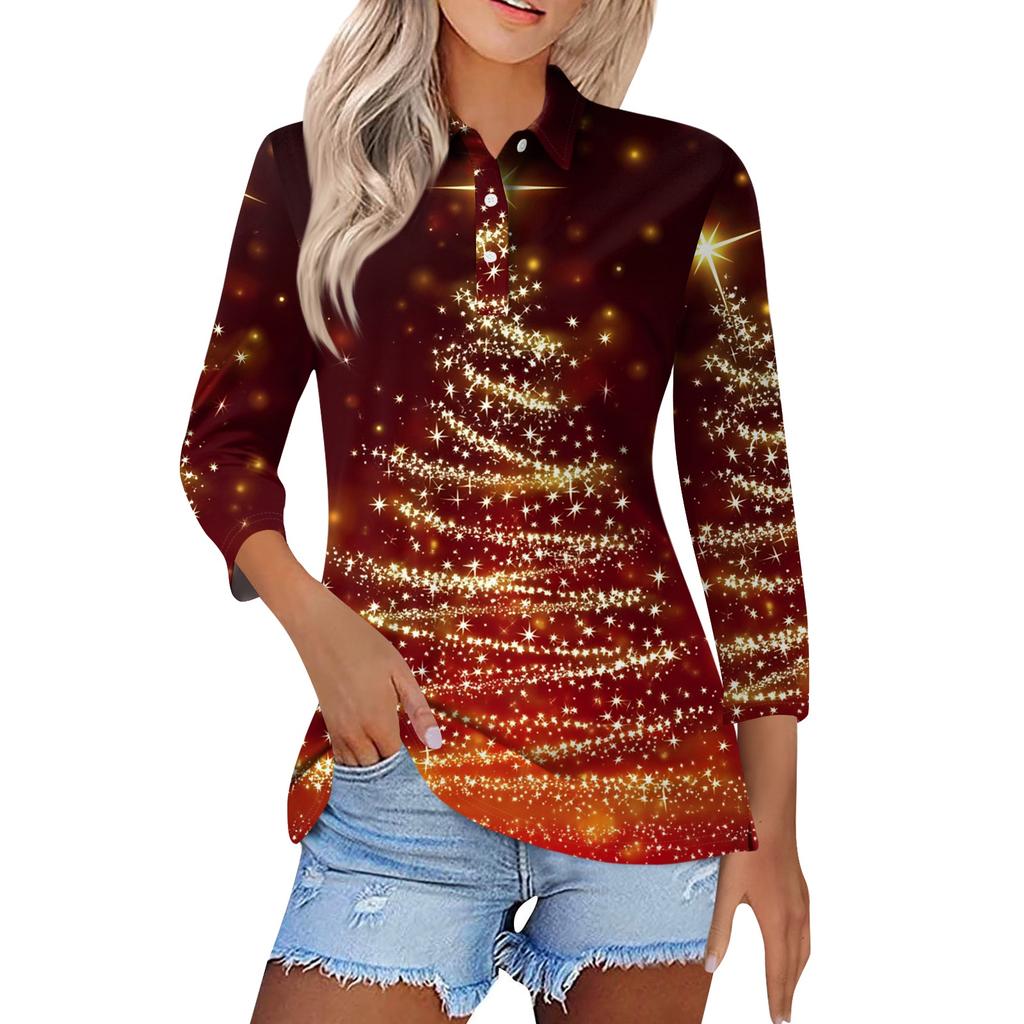 Mote dame casual revers kort 3/4 ermet juleprint skjorte dame knapp opp topper