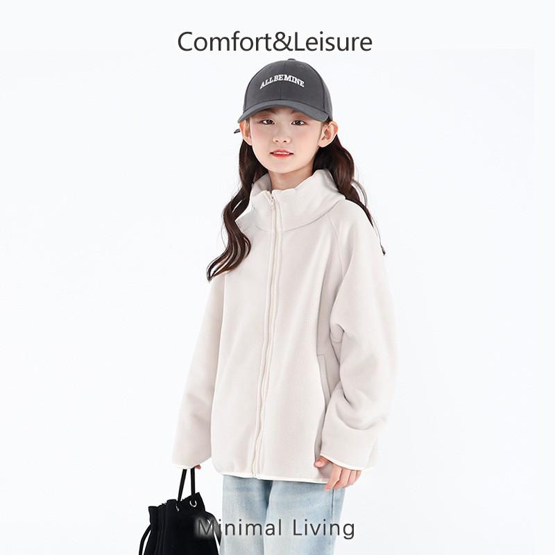 Kids Solid Color Fleece Jacket Boys Girls Stand Collar Zip Up Warm Coat Winter Outdoor