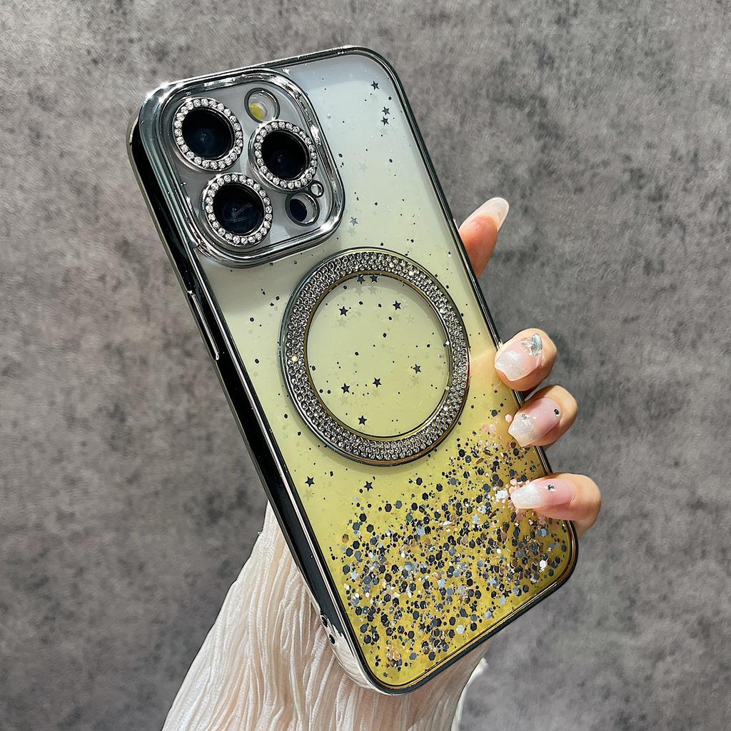 For iPhone 14 Pro Max Magnetic Case Glitter Shockproof TPU + PC Phone Cover Bling Rhinestone