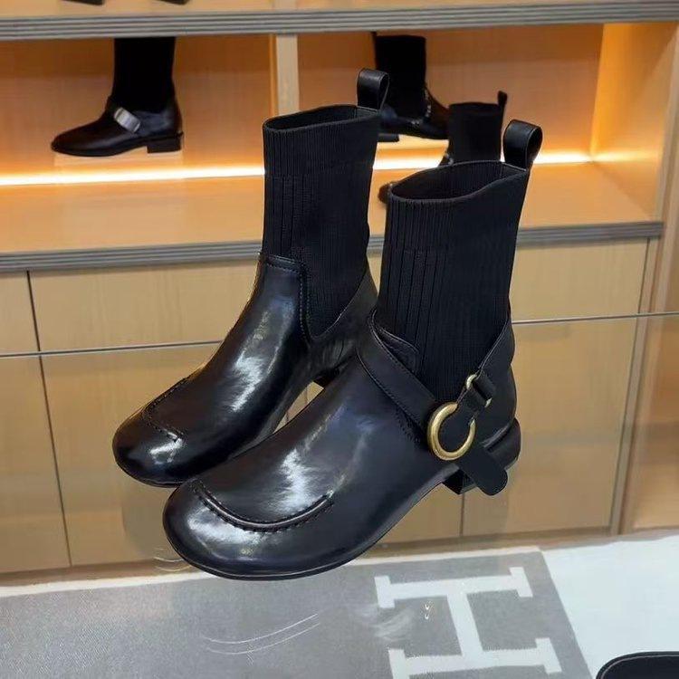 

Универсальная модная обувь с круглым носком, вязаные ботильоны в британском стиле, женские, осень 2025, новые, на толстом каблуке, ботинки-носки, бархатные теплые ботинки Мартин 40