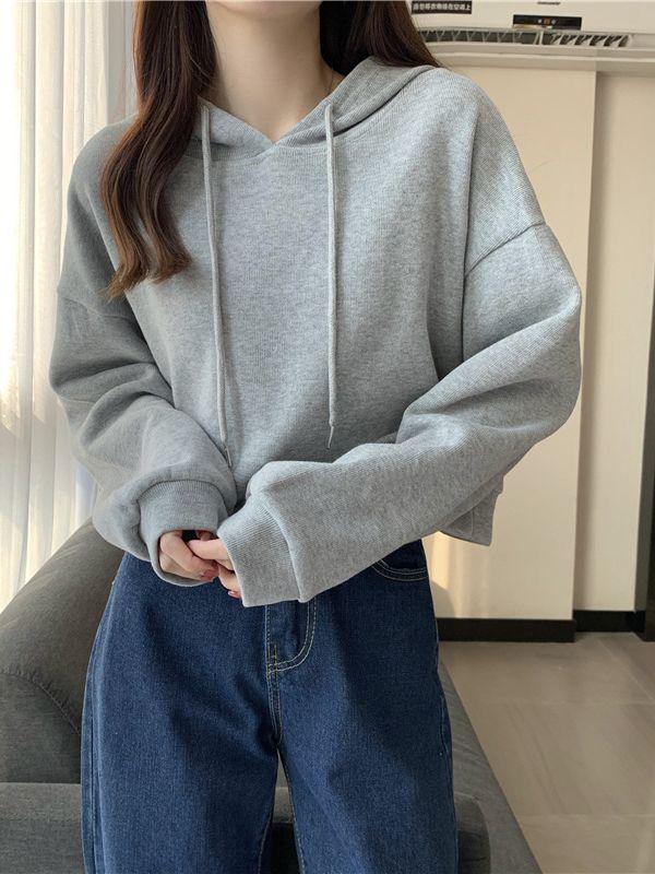 2023 Autumn/Winter Women's European & American Style Loose Hooded Cropped Sweatshirt with Long Sleeves
