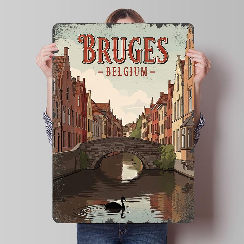 

Bruges Belgium Travel Tin Plaque Poster Customized Wall Art Retro Vintage Metal Signs for Man Cave House Decor Room Decorations 7.9x11.8In(20x30cm)