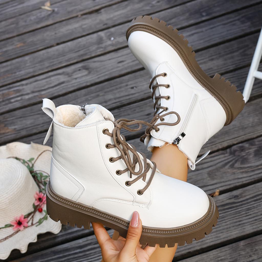 Plus-Size British Style Winter New Arrival Thick-Sole Fashion Black Round Toe Side  Lace Up Fleece-Lined Women'S Ankle Boots