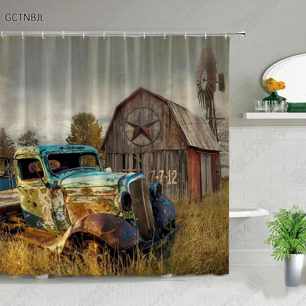 Antique Car Shower Curtain Vintage Classic Old Truck Car On Farm Field Retro Rustic Farmhouse Fabric Bathroom Decor Curtain Hook