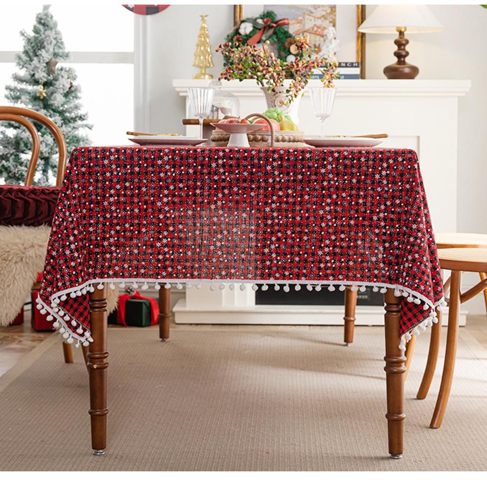 Christmas Red Grid Tablecloth White Snow Ornamental tassel Table Vintage Dining Table Cover For kitchen Party Birthday Decor