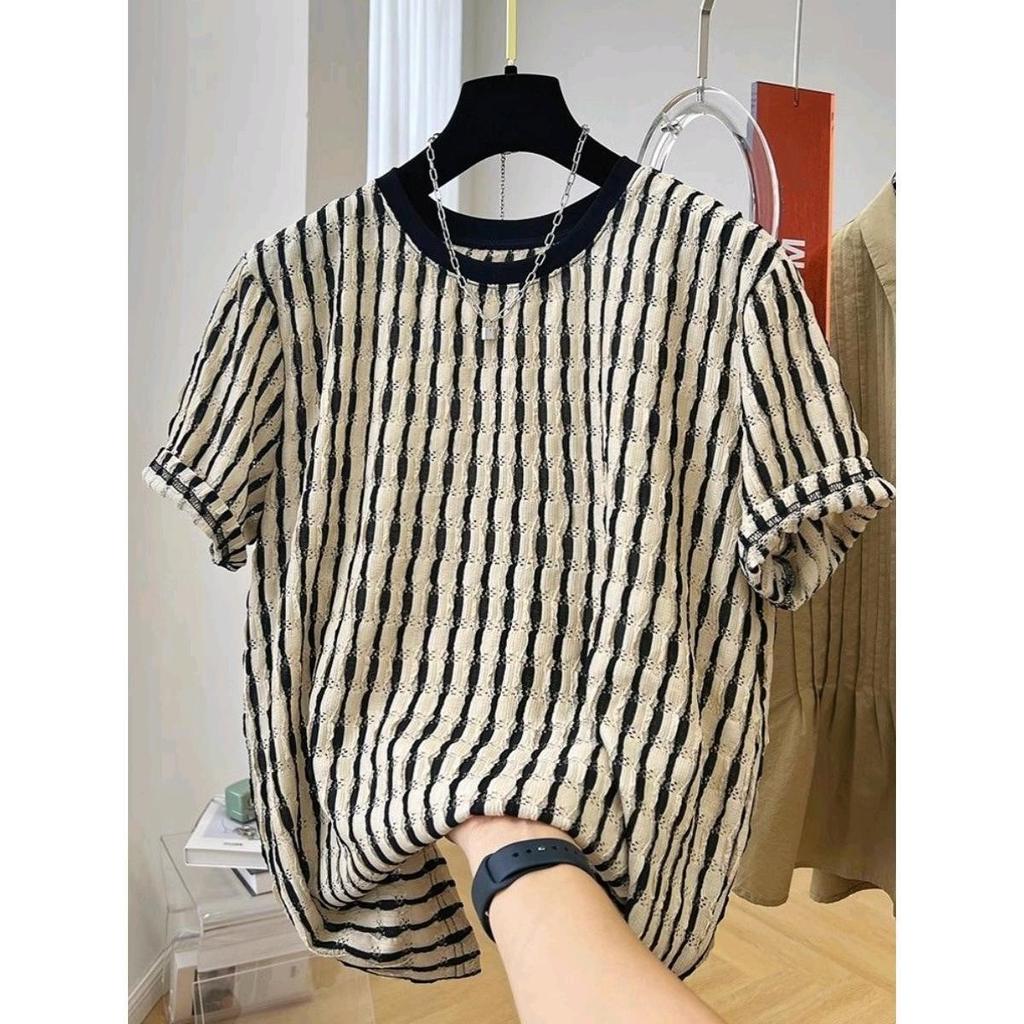 Texture Design Casual Short-Sleeved T-Shirt Men'S And Women'S Lazy Style Loose Temperament Top Trendy Striped T-Shirt