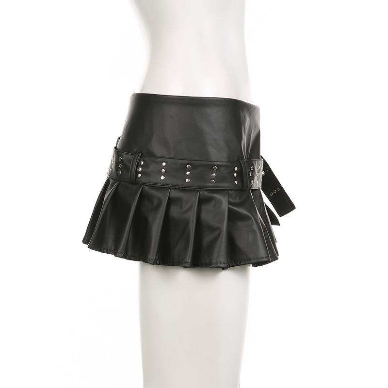 Women's Spice Girls Studded Belt Split Fashion Street Sexy Low Waist A-Line Leather Pleated Skirt