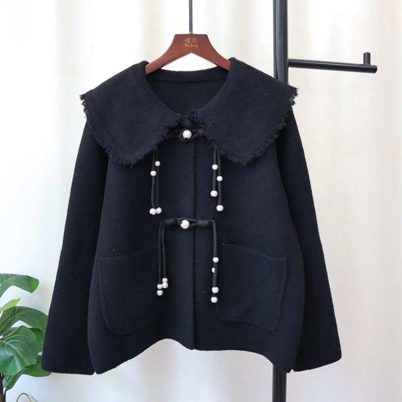 

Осень и зима новый кардиган с пряжкой, вязаный двусторонний, с чувством дизайна, свободный свитер-куртка для женщин One size чёрный